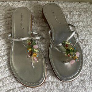 A. MARINELLI Silver Metallic Y2K Beaded Yoke Slides Flip Flop SANDALS *7.5 M*